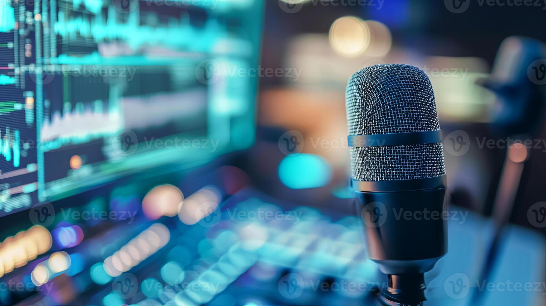 Microphone positioned prominently in a modern recording studio, with sound mixing equipment and colorful audio waveforms displayed on the screen, capturing the essence of audio production photo