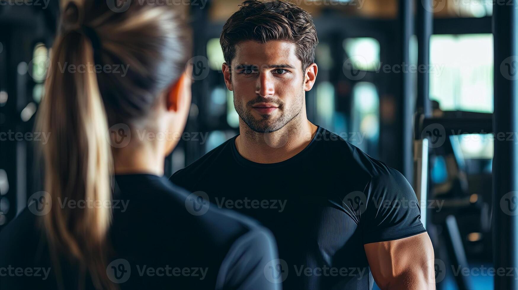 Athletic man with muscular build is focused on reflection in gym mirror, showcasing dedication to fitness and strength training in a modern workout environment photo