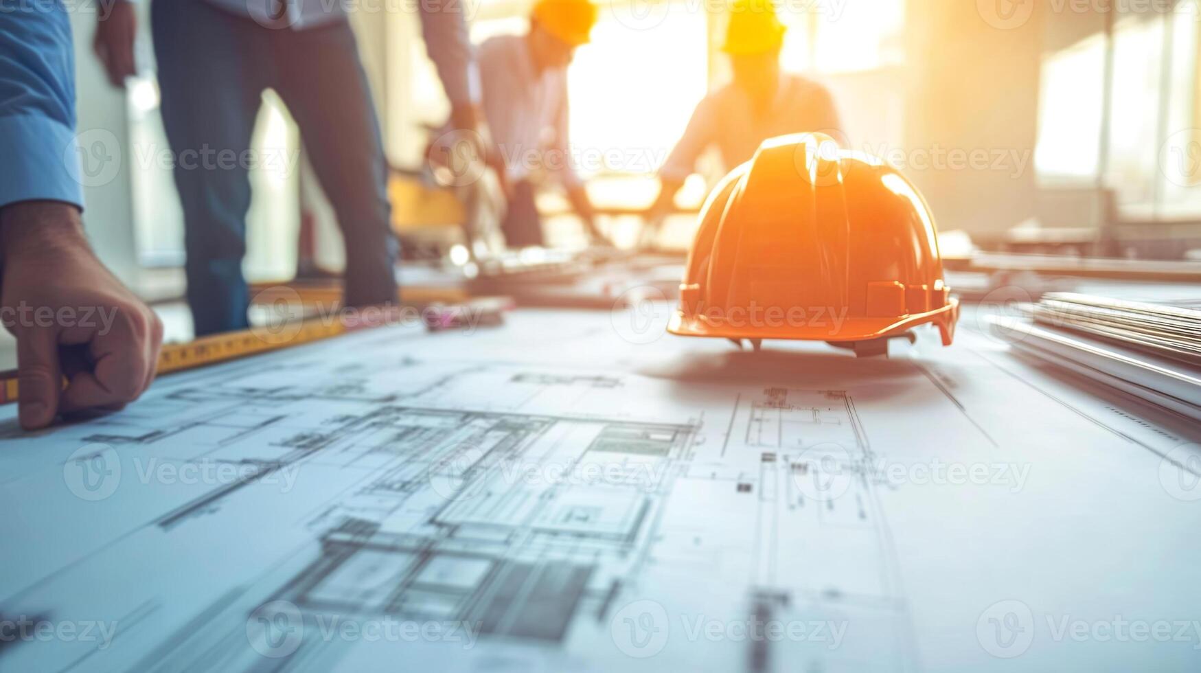 Construction workers collaborating on architectural plans with an orange hard hat placed prominently on blueprints, showcasing teamwork and dedication in a bright workspace photo