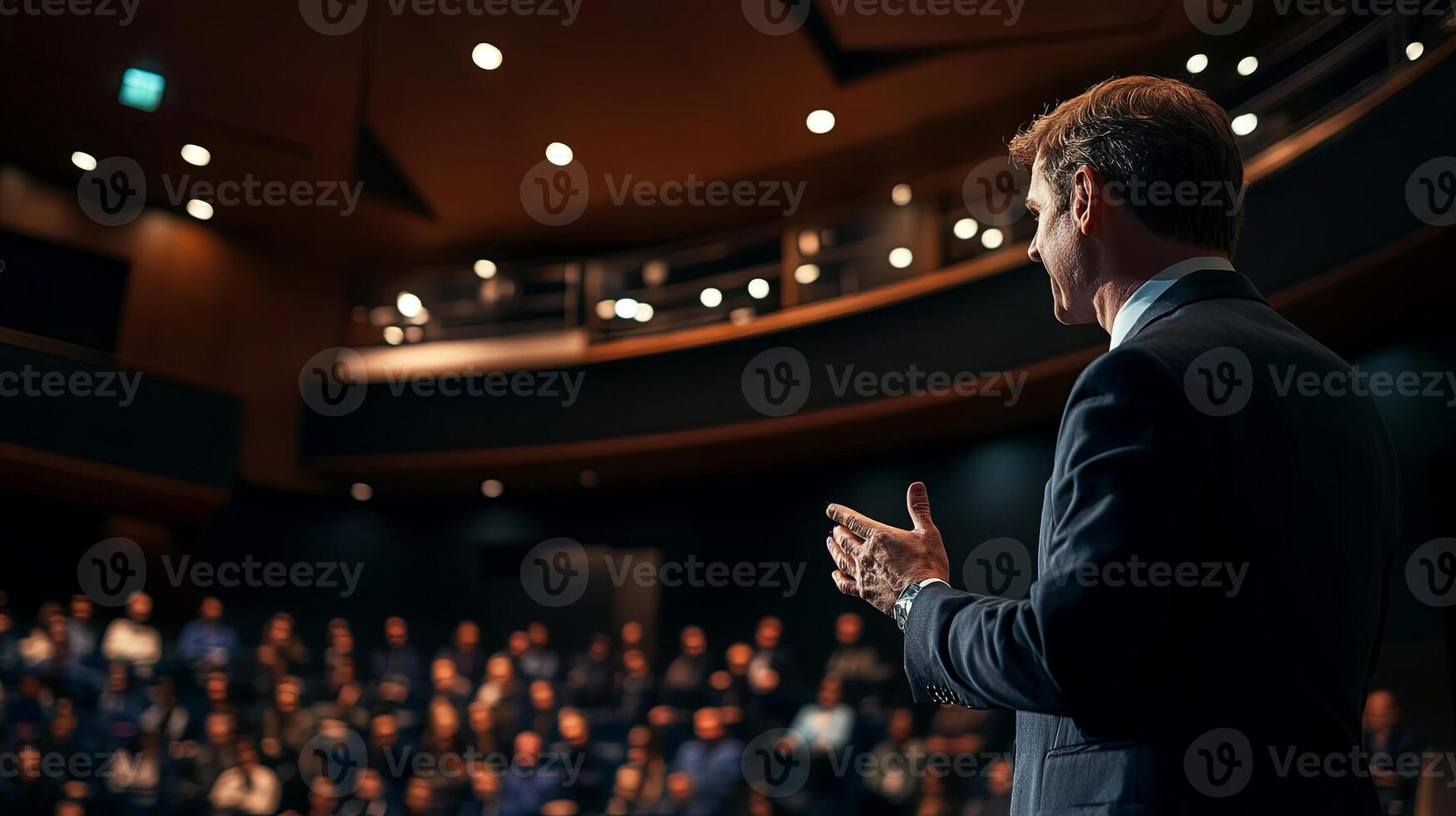 Business professional delivering a presentation on stage in a modern auditorium, engaging attentive audience with dynamic gestures and confident expression, showcasing effective public speaking skills photo