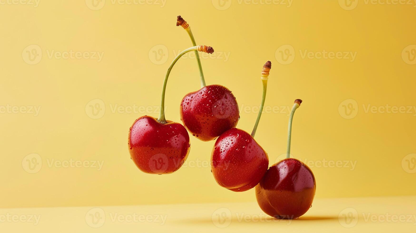 Fresh red cherries with vibrant green stems are artistically arranged against a bright yellow background, showcasing their glossy texture and natural beauty in a visually appealing composition photo