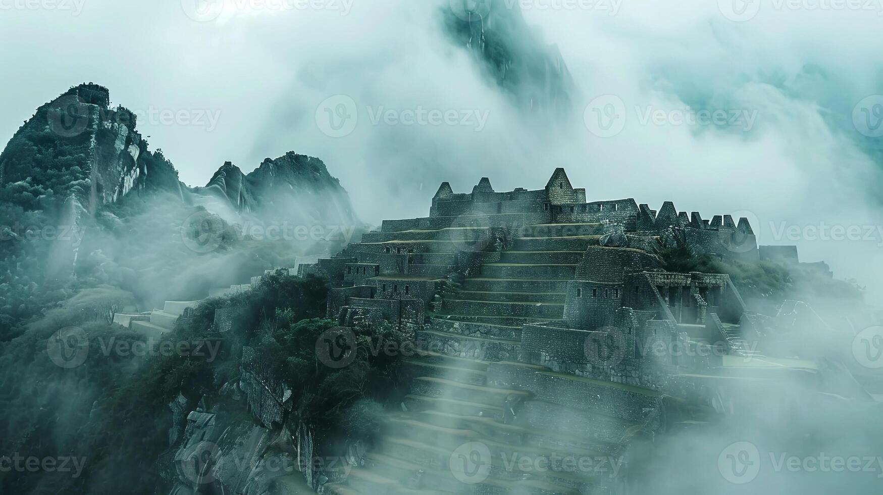 Ancient stone ruins of a historic civilization are partially shrouded in mist, surrounded by towering mountains and lush greenery, creating an ethereal atmosphere of mystery and wonder photo