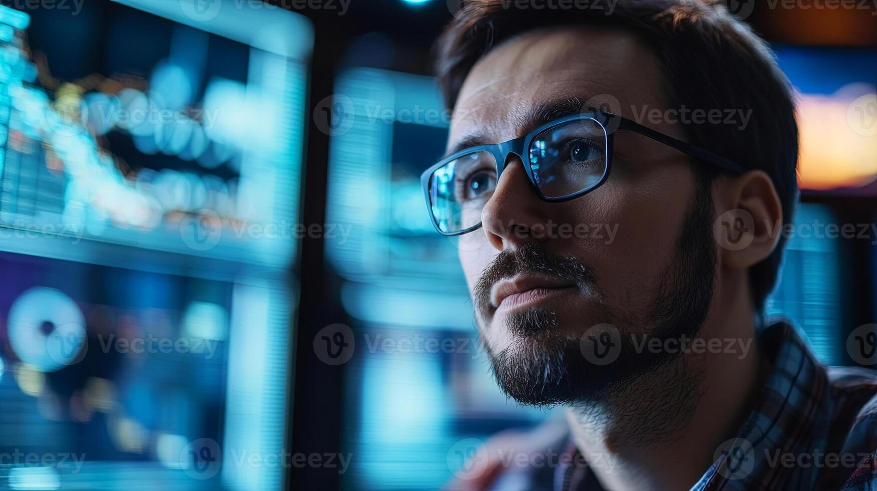 Male analyst with glasses is focused on data analysis, surrounded by multiple screens displaying graphs and charts, illustrating the importance of technology in modern business environments photo