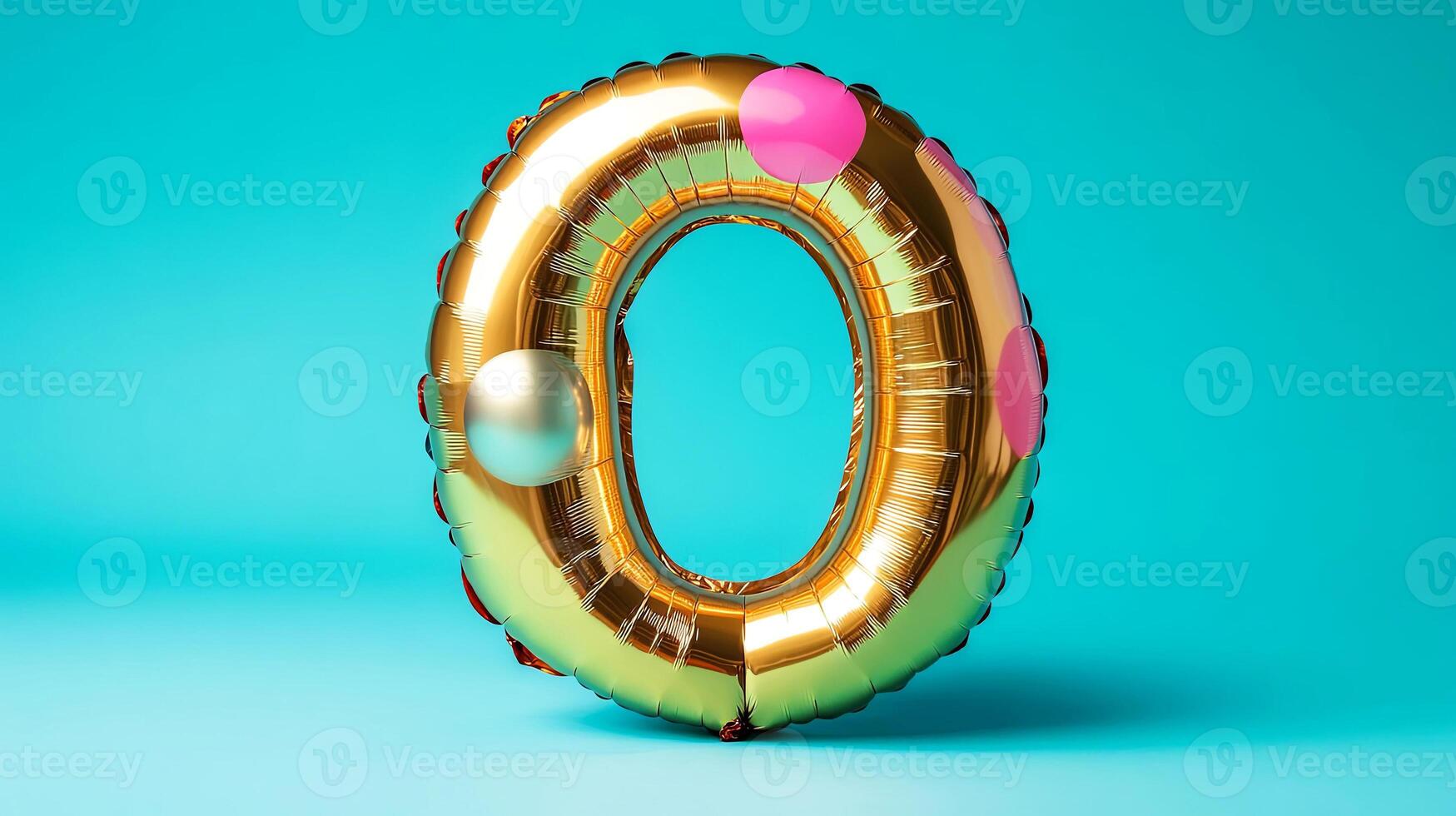 Gold foil balloon shaped like the number zero, adorned with colorful polka dots, set against a vibrant turquoise background, creating a festive and celebratory atmosphere photo