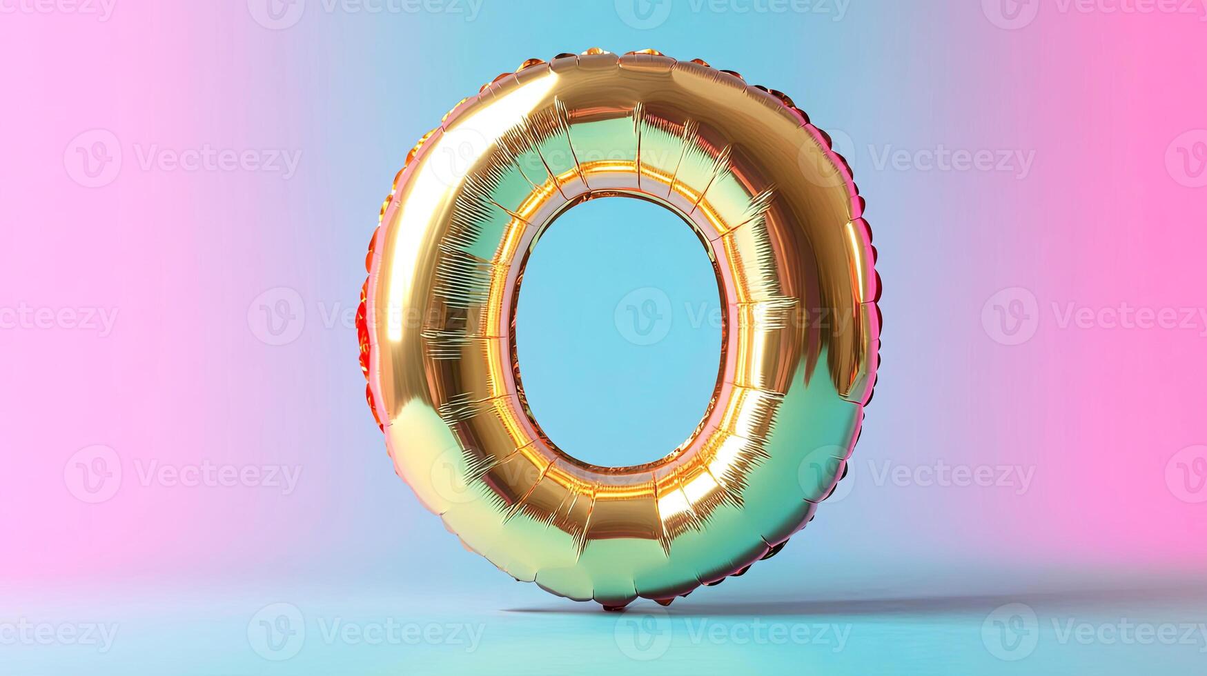 Golden foil balloon shaped like the number zero, floating against a vibrant pink and blue gradient background, perfect for celebrations and special occasions photo