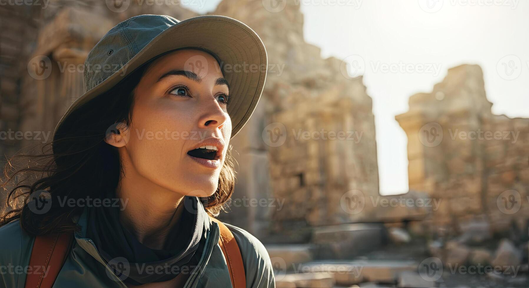 Woman wearing a hat, expressing awe while exploring ancient ruins, with weathered stone structures and sunlight illuminating the scene, capturing a moment of discovery and wonder photo