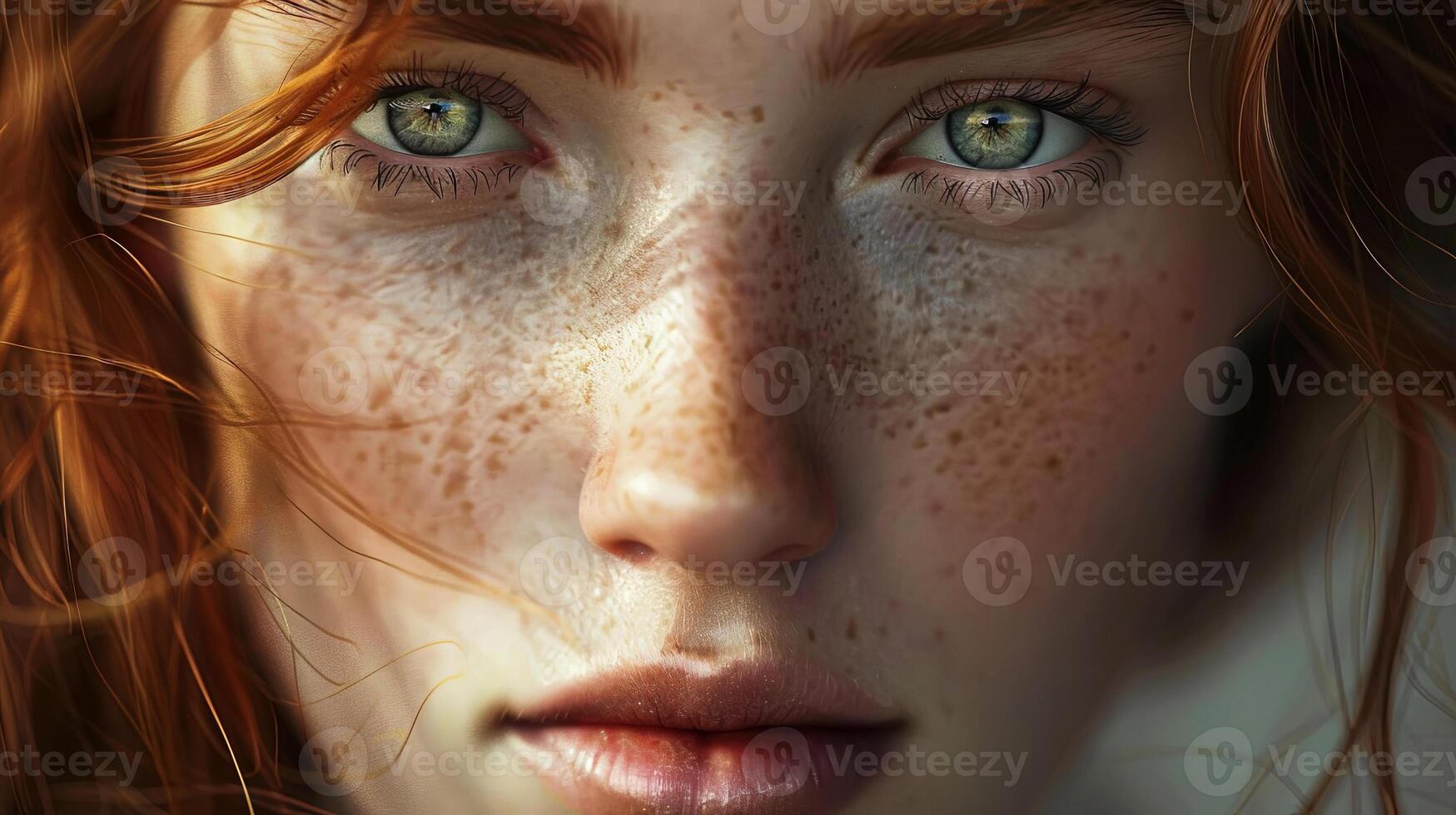 Close-up portrait of a young woman with striking green eyes and freckles, showcasing natural beauty and vibrant red hair, conveying emotion and individuality in a soft light setting photo