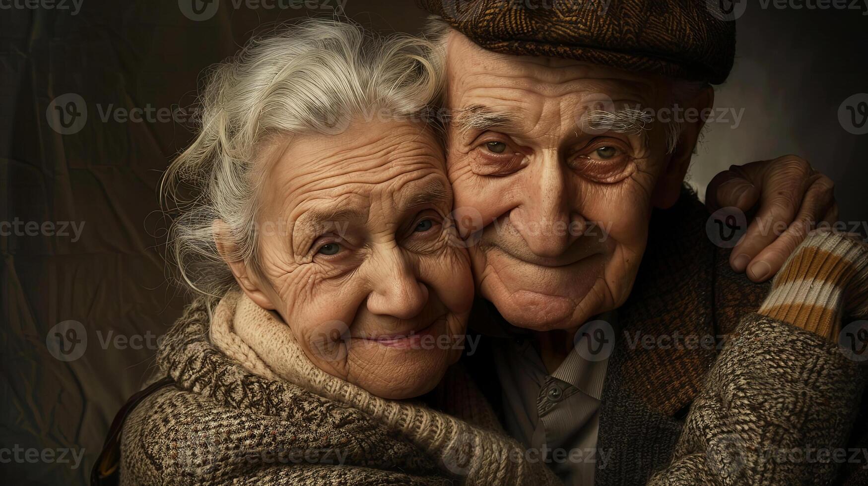 Elderly couple embracing warmly, showcasing love and affection, with soft lighting highlighting their joyful expressions and textured clothing, representing enduring companionship and shared memories photo