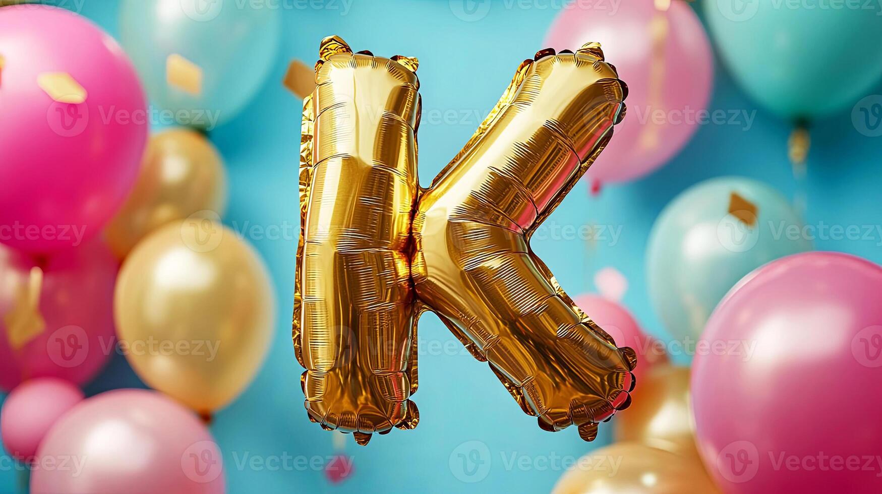 Golden letter K balloon surrounded by colorful balloons in various shades, creating a festive atmosphere perfect for celebrations and special occasions photo