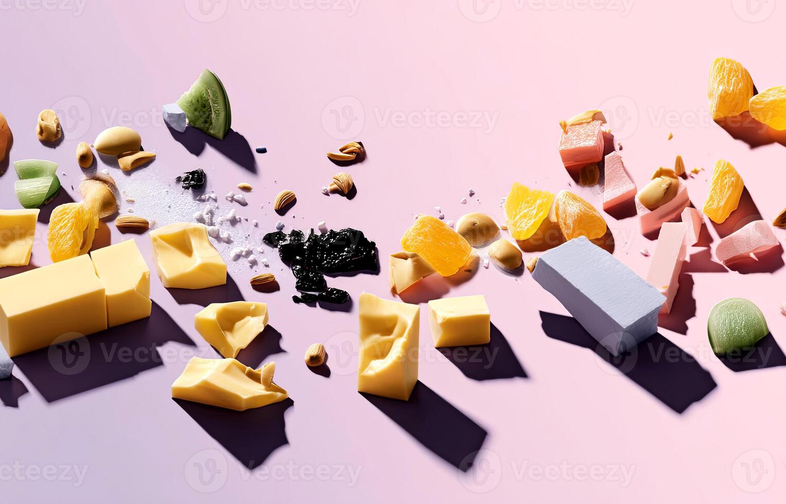 Colorful assortment of various cheese pieces, nuts, and dried fruits scattered artistically on a soft gradient background, showcasing vibrant textures and culinary creativity photo