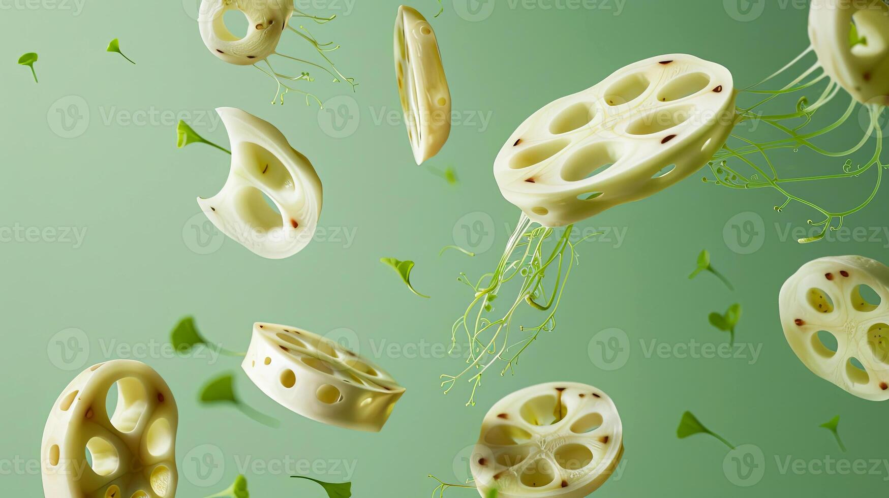 Floating slices of lotus root with green leaves on a soft gradient background, showcasing the unique texture and structure of this aquatic vegetable in a vibrant composition photo