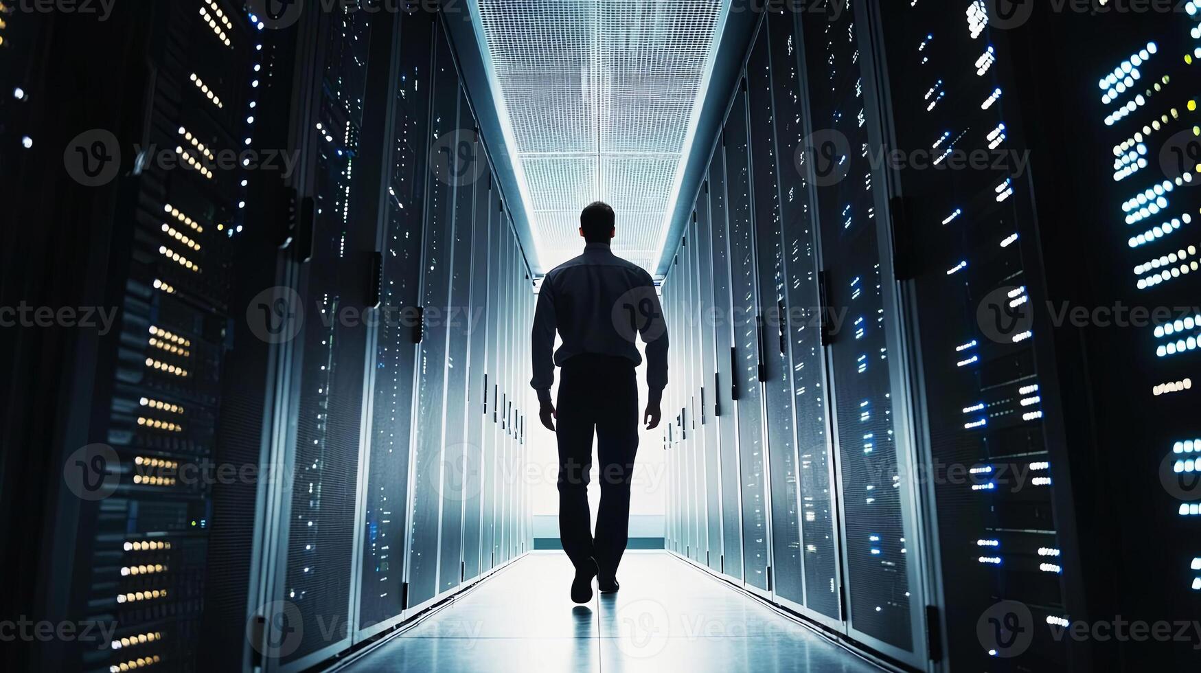 Silhouette of a male technician walking through a modern data center, surrounded by rows of illuminated server racks, showcasing advanced technology and digital infrastructure photo
