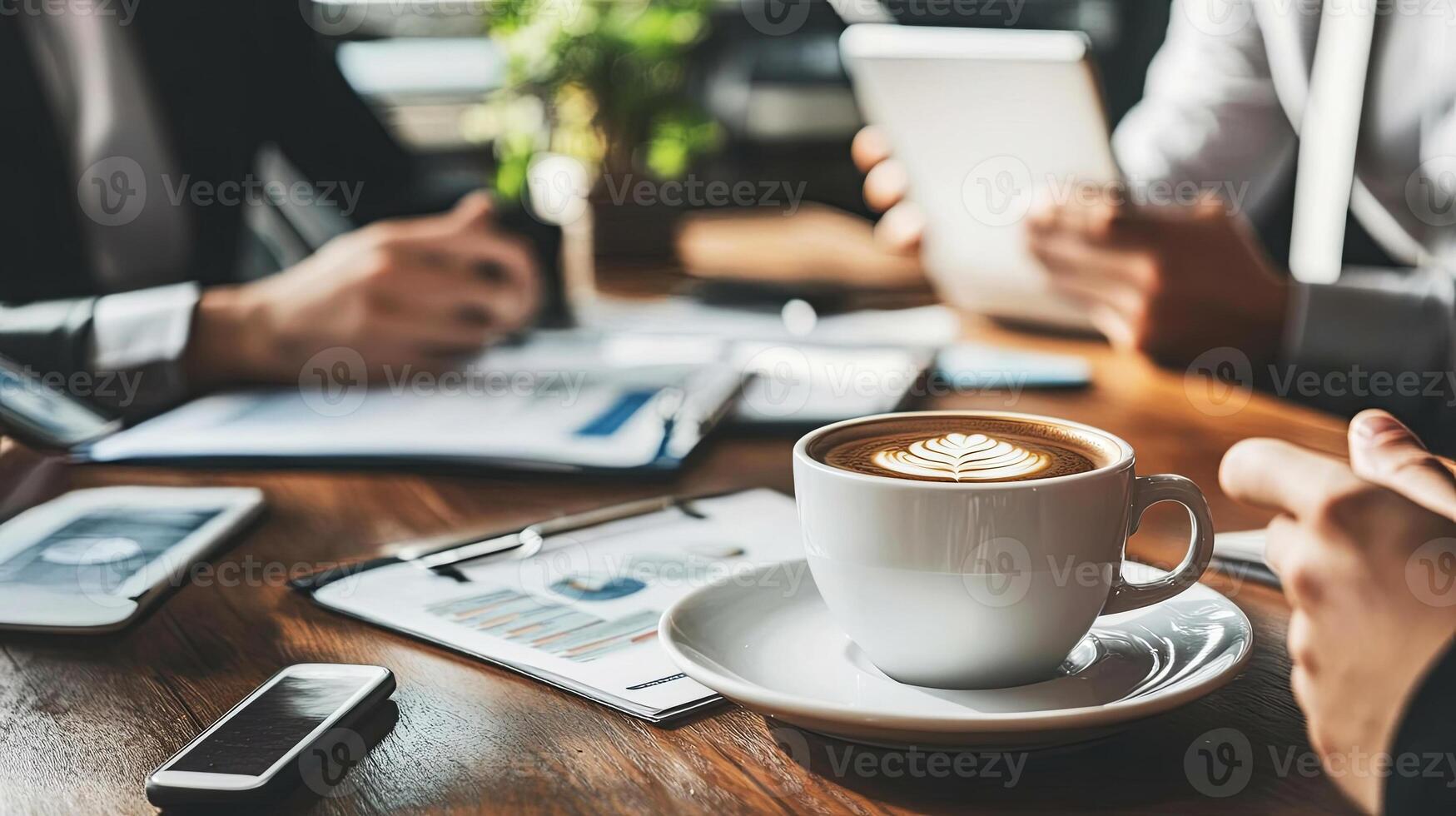 Coffee cup with latte art sits on a wooden table surrounded by business documents, smartphones, and tablets, creating a productive workspace atmosphere for collaboration photo