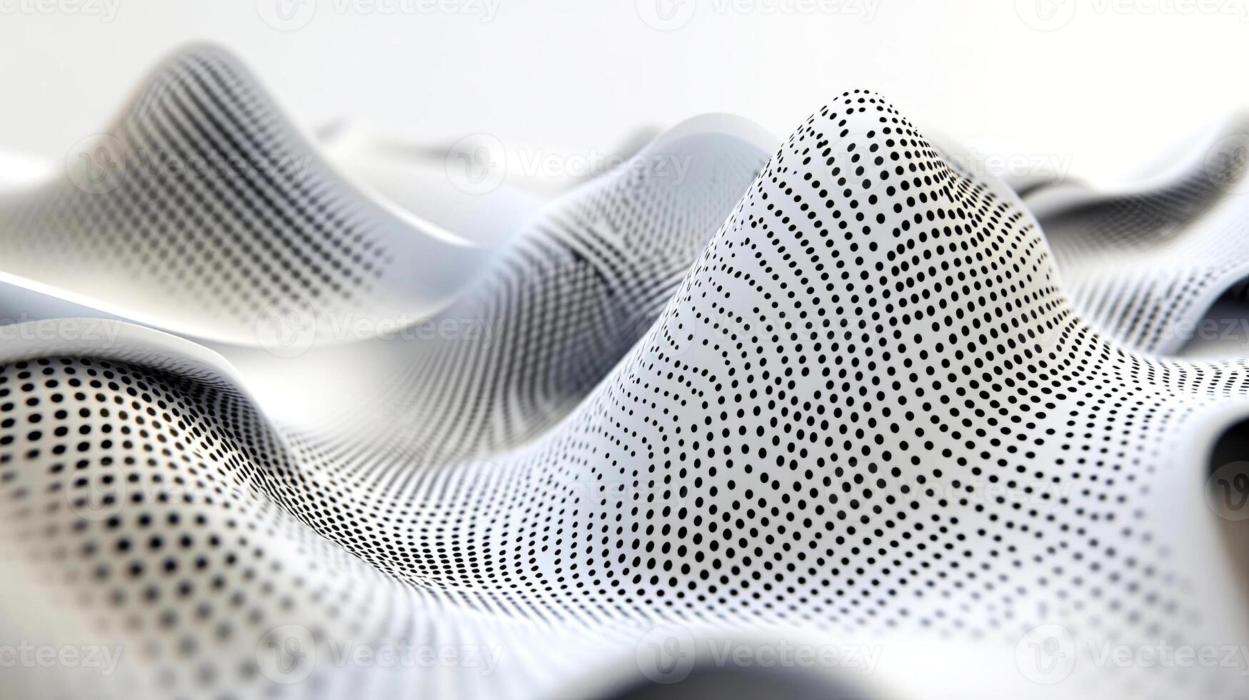 Abstract 3D illustration of textured waves with black dots on a white surface, creating a dynamic visual effect, representing modern design and digital art concepts photo