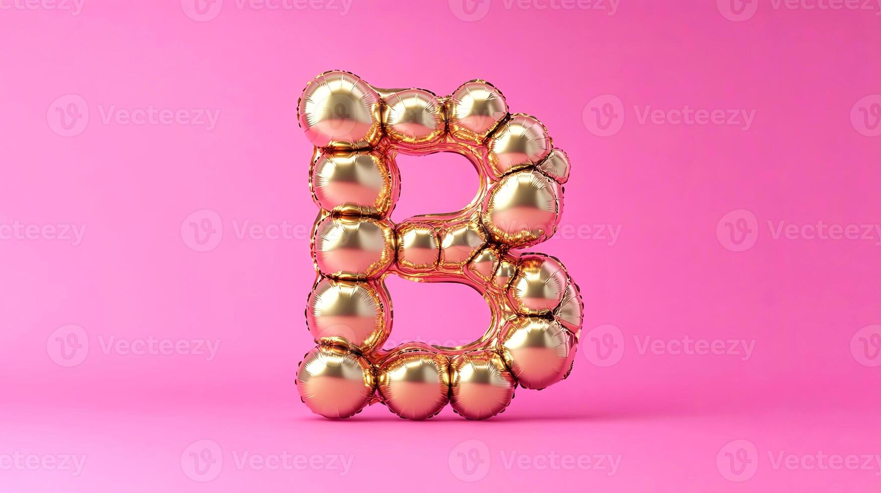 Golden balloon letter B stands prominently against a vibrant pink background, showcasing a playful and festive atmosphere, perfect for celebrations and events photo
