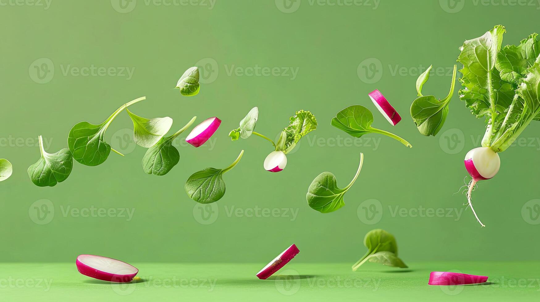 Fresh vegetables, including radishes and leafy greens, are floating against a vibrant green background, showcasing a dynamic and colorful culinary presentation photo