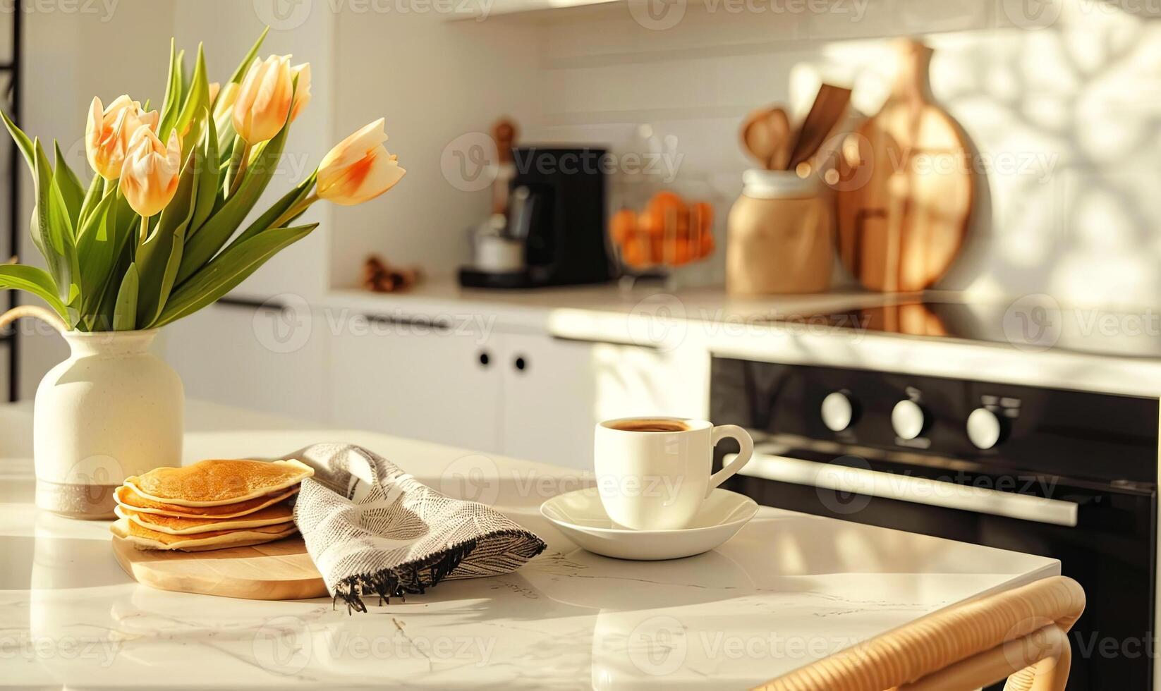Bright kitchen scene featuring a vase of tulips, a stack of pancakes on a wooden plate, and a cup of coffee on a marble countertop, creating a warm and inviting atmosphere photo