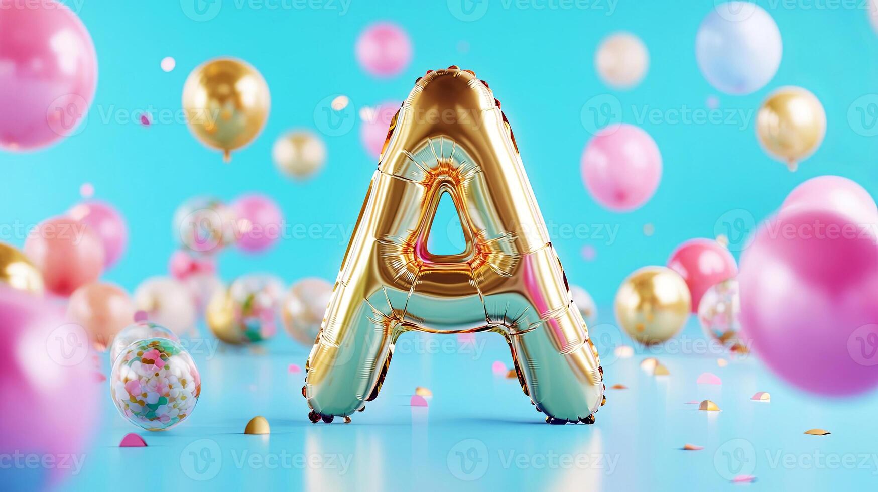 Golden letter A balloon surrounded by colorful balloons and confetti on a bright blue background, creating a festive and celebratory atmosphere for events and parties photo