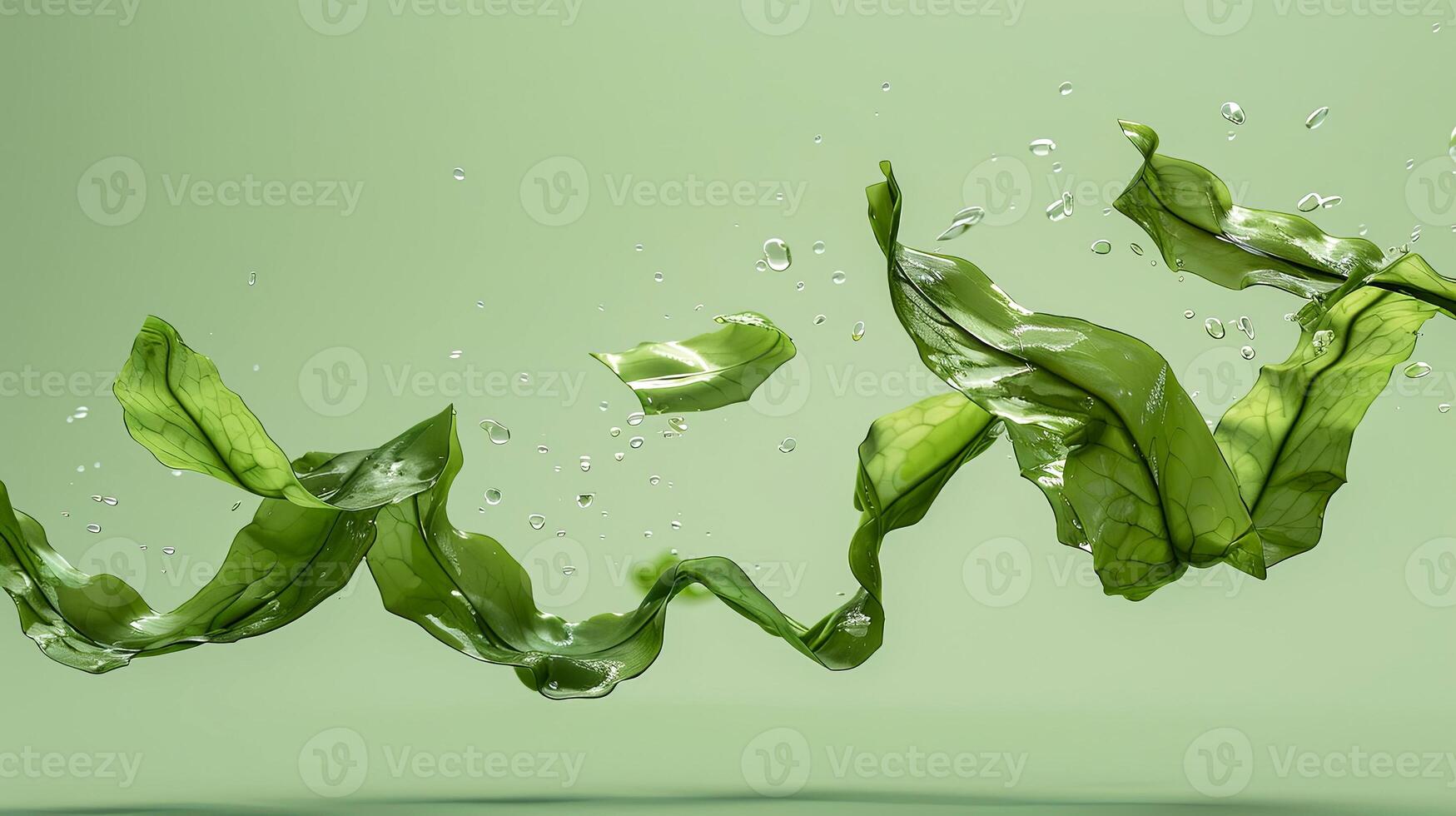 Green aquatic leaves gracefully floating in water, surrounded by bubbles, creating a serene and refreshing atmosphere, ideal for nature and wellness themes photo