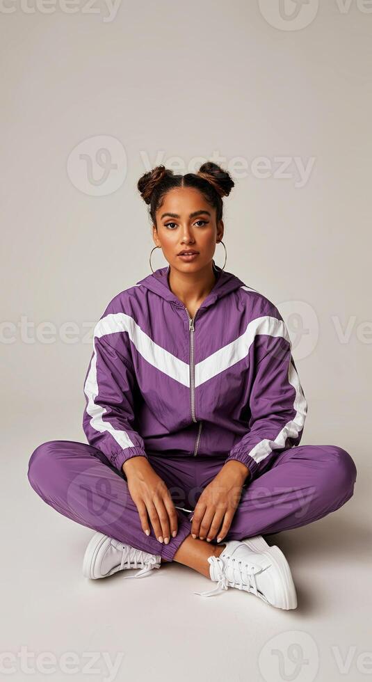 Young woman in purple athletic tracksuit sits cross-legged on the floor, showcasing a relaxed pose, with a neutral background emphasizing her casual style and confidence photo