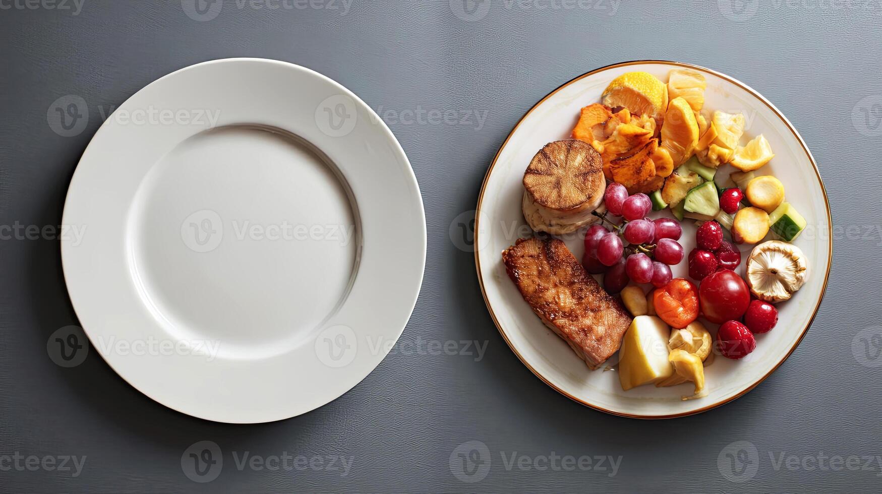 Plate with colorful assortment of fresh fruits and grilled salmon, alongside an empty plate, showcasing a healthy meal presentation and culinary creativity photo