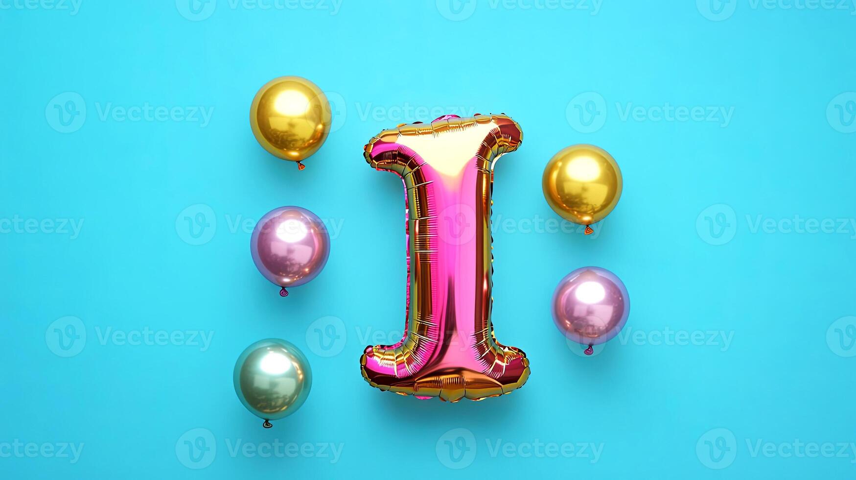 Colorful number one balloon surrounded by shiny balloons in various colors on a vibrant blue background, perfect for celebrating birthdays or special occasions with festive decorations photo