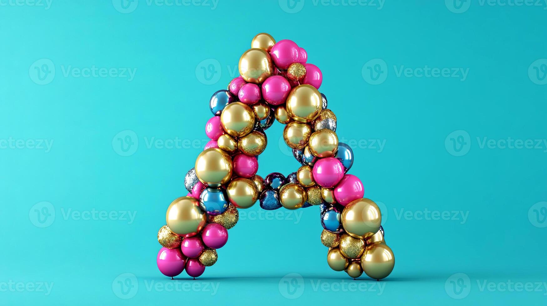 A vibrant arrangement of colorful spheres forming the letter A, set against a striking turquoise backdrop photo