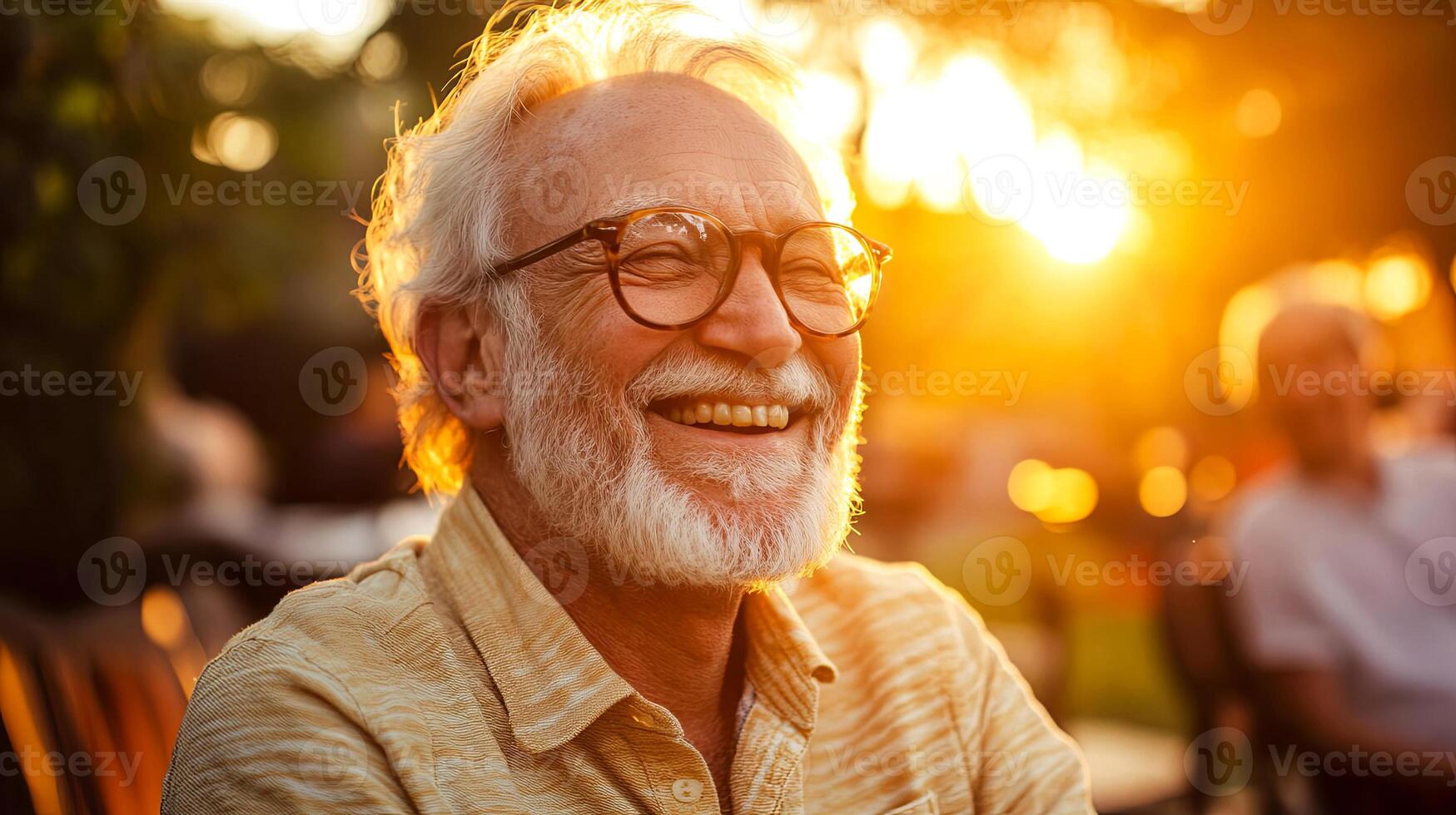 Elderly man with glasses smiling joyfully outdoors during sunset, surrounded by greenery, capturing a moment of happiness and warmth in a relaxed atmosphere photo