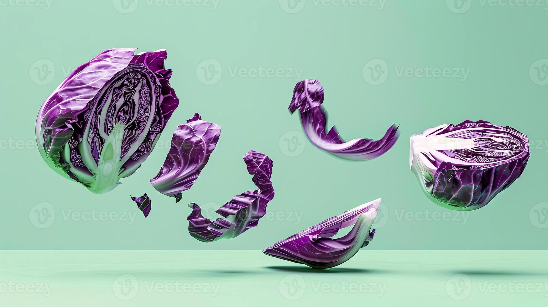 Vibrant purple cabbage floating in mid-air, artistically sliced into pieces, showcasing intricate textures and colors against a soft mint green background, emphasizing freshness and creativity photo