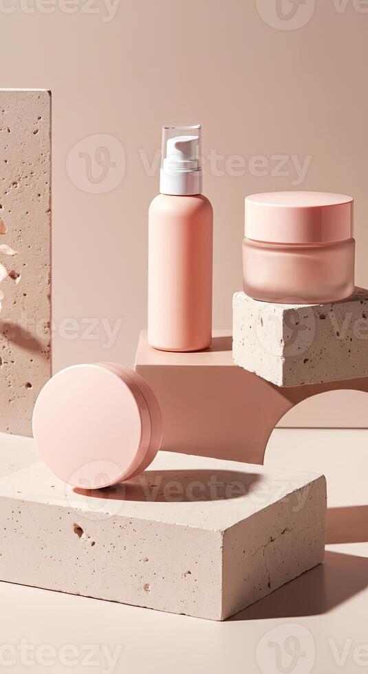 Pink cosmetic products arranged on textured stone blocks, showcasing modern design and aesthetic appeal, perfect for beauty and skincare branding and marketing purposes photo