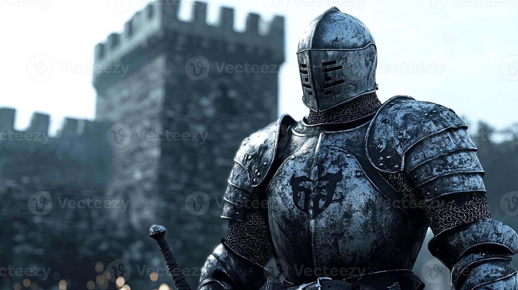 Armored knight stands confidently in front of a medieval castle, showcasing intricate details of the armor and the stronghold's architecture, embodying valor and history photo