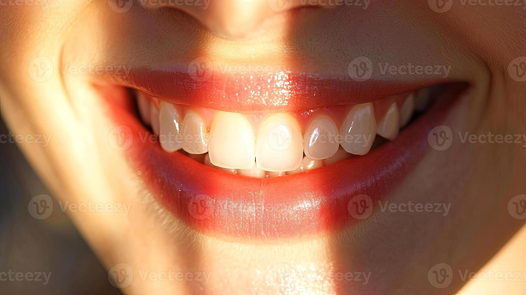 Close-up of a smiling woman with bright white teeth and glossy lips, illuminated by natural light, showcasing a joyful expression and vibrant personality in a warm atmosphere photo