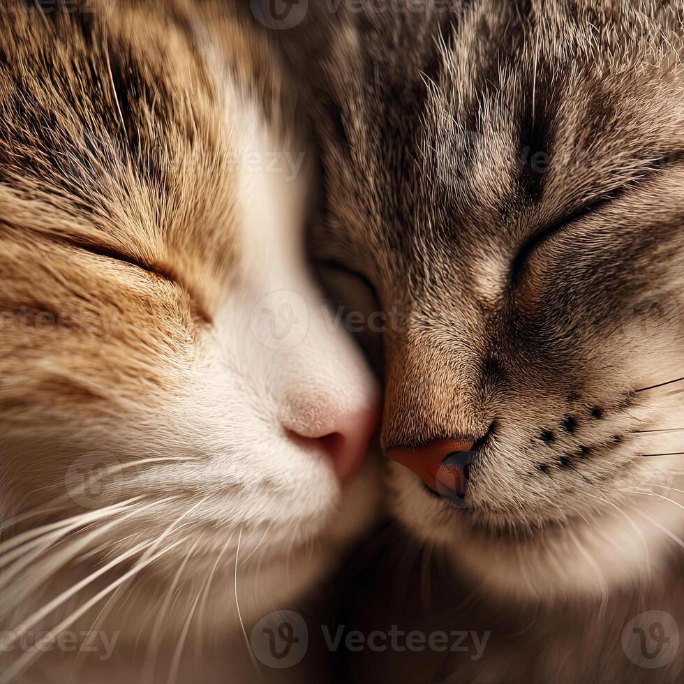Two adorable cats, one with orange and white fur and the other with gray stripes, are nuzzling closely together, showcasing their affectionate bond and warmth in a cozy setting photo
