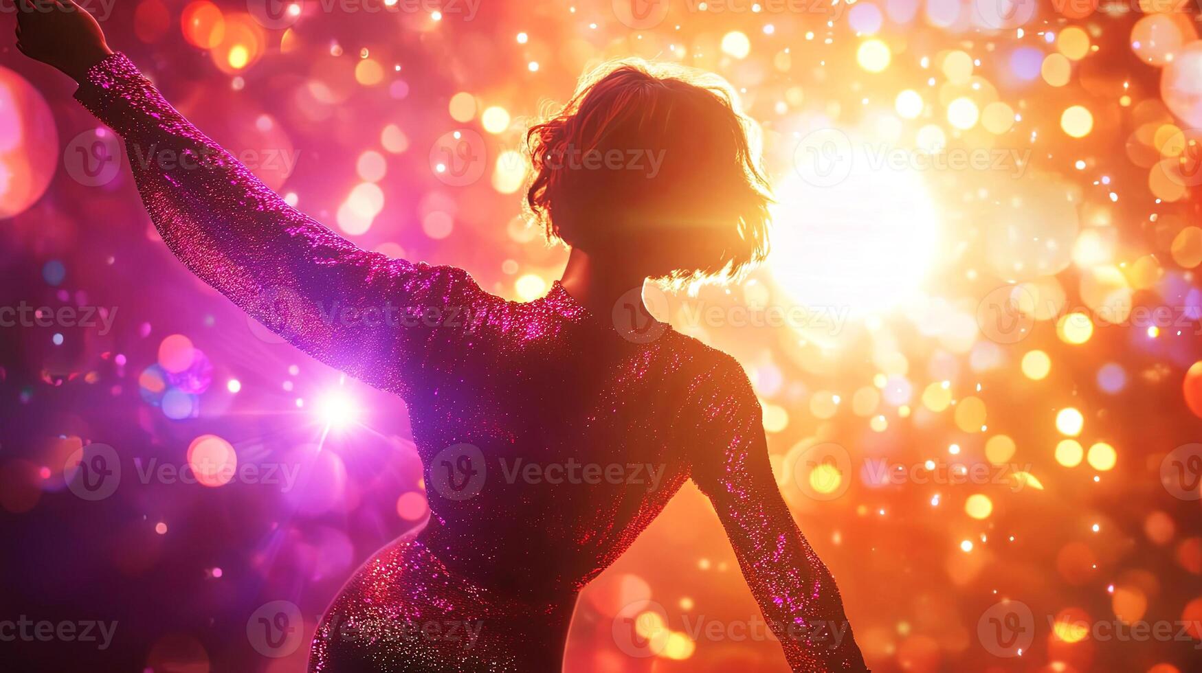 . Silhouette of a woman in a sparkling dress dancing joyfully against a vibrant backdrop of colorful bokeh lights, capturing the essence of celebration and nightlife energy photo