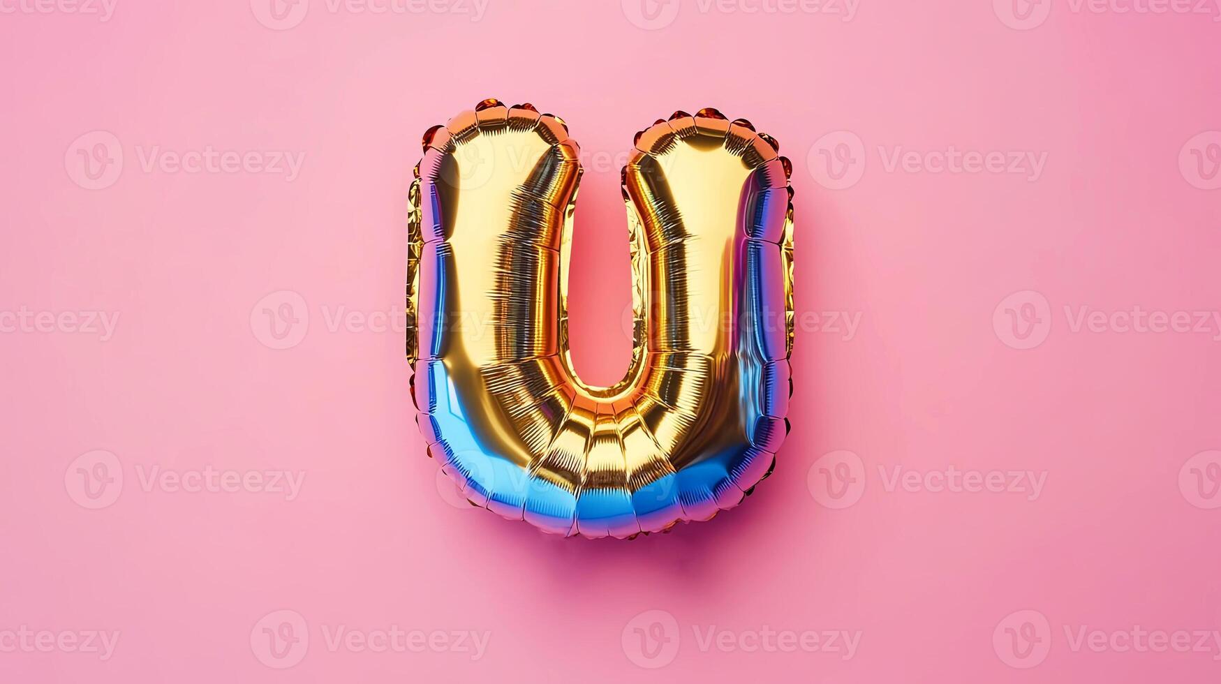 Golden foil balloon shaped like letter U, floating against a vibrant pink background, creating a playful and festive atmosphere for celebrations and events photo