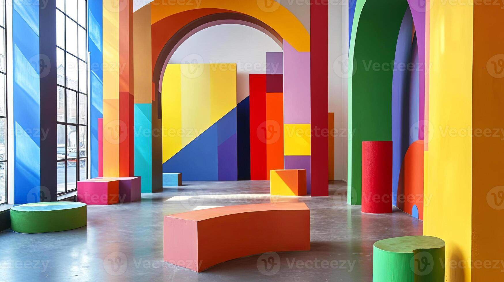 Vibrant interior space featuring colorful geometric shapes and bold patterns, showcasing a modern artistic environment with playful elements and dynamic visual appeal photo