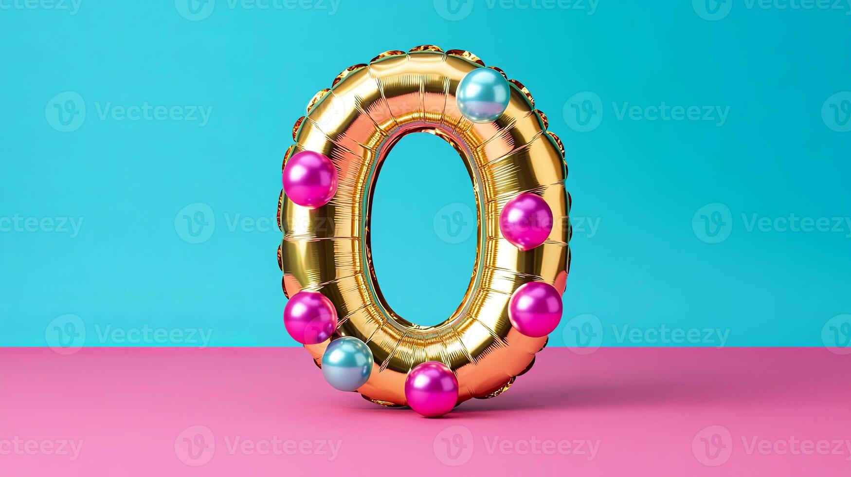 Golden balloon number zero with colorful round decorations stands prominently on a pink surface against a vibrant blue background, perfect for festive celebrations and events photo