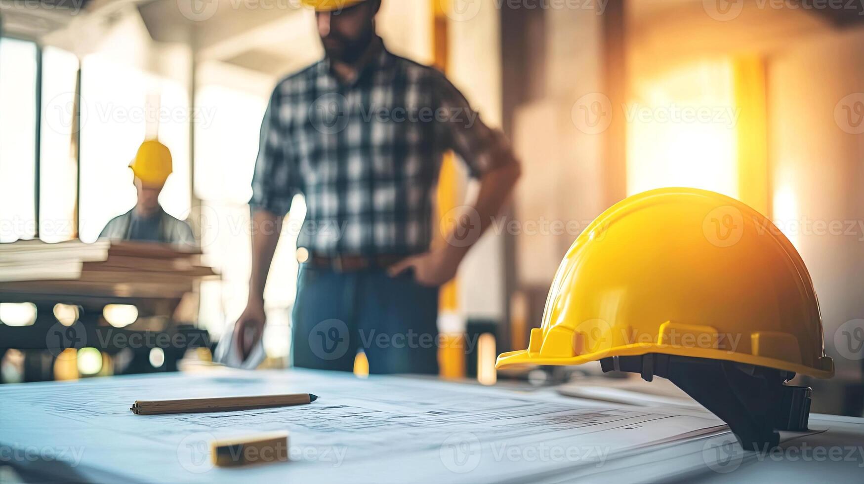 Construction workers in hard hats are reviewing blueprints on a table, with a yellow helmet in the foreground, showcasing teamwork and planning in a bright workspace photo