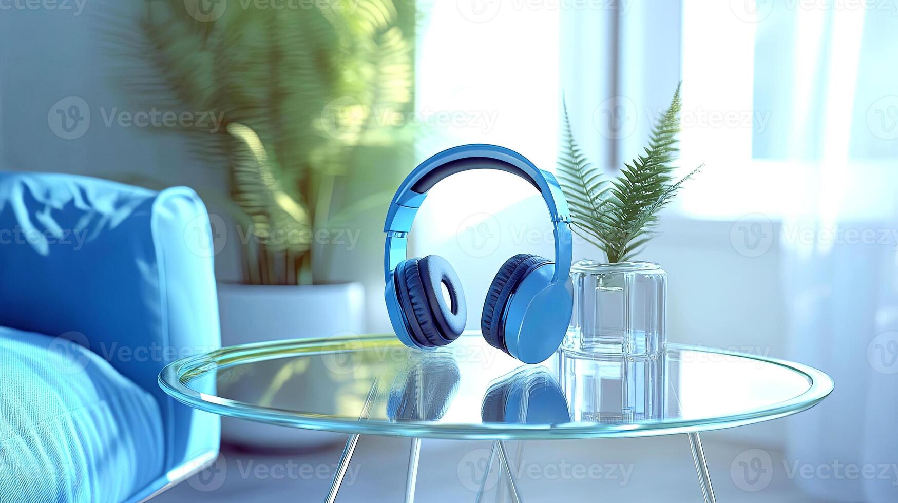Blue headphones resting on a glass table beside a small potted plant in a bright room with natural light, creating a serene and stylish atmosphere for relaxation and enjoyment photo