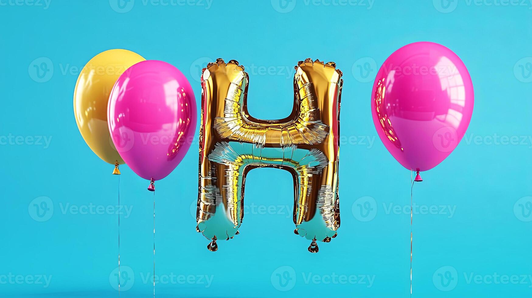 Colorful balloons in vibrant hues, including pink and yellow, surround a shiny gold letter H, creating a festive atmosphere for celebrations and special occasions photo