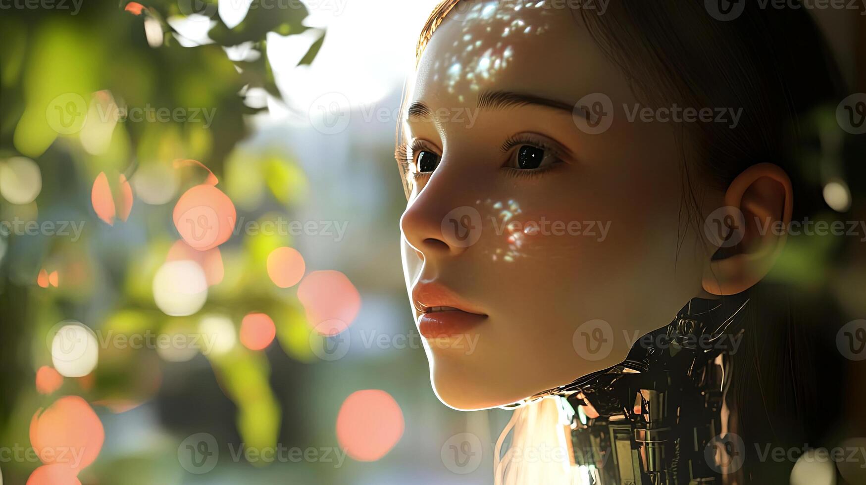 Futuristic female robot with intricate facial features, surrounded by lush greenery and soft bokeh lights, showcasing the blend of technology and nature in a serene environment photo