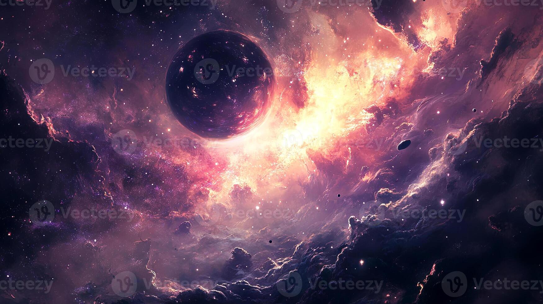 Cosmic scene featuring vibrant nebulae, distant stars, and a large planet, creating a mesmerizing view of the universe, showcasing the beauty of outer space and celestial wonders photo