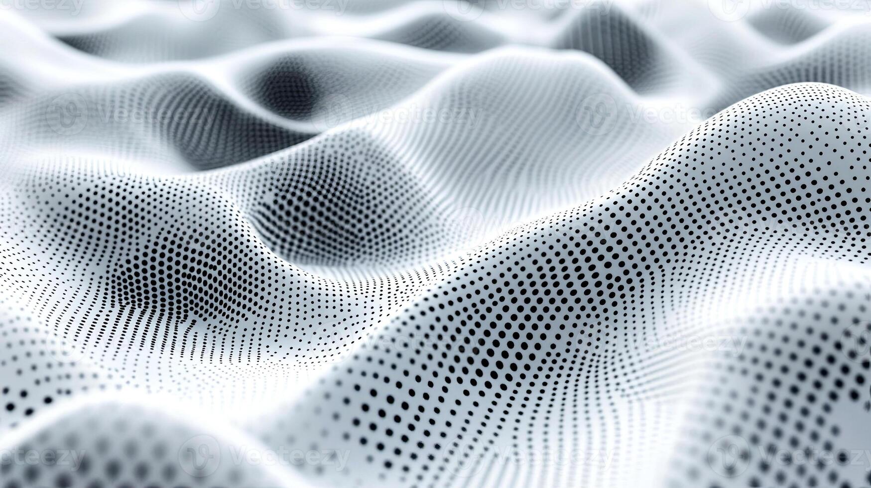 Abstract digital landscape featuring flowing waves of dotted patterns in monochrome tones, creating a sense of depth and movement, ideal for modern design applications photo