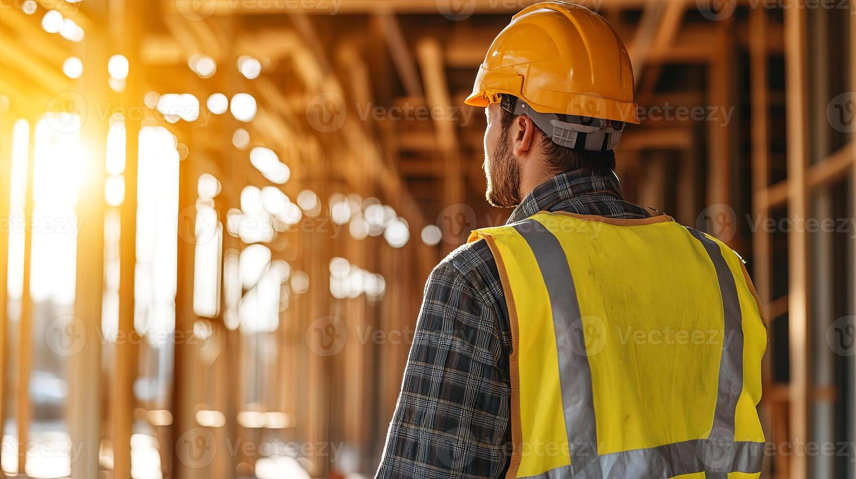 Construction worker wearing a yellow safety vest and hard hat stands in a building site, observing the ongoing work, with sunlight streaming through the structure, showcasing dedication to safety photo