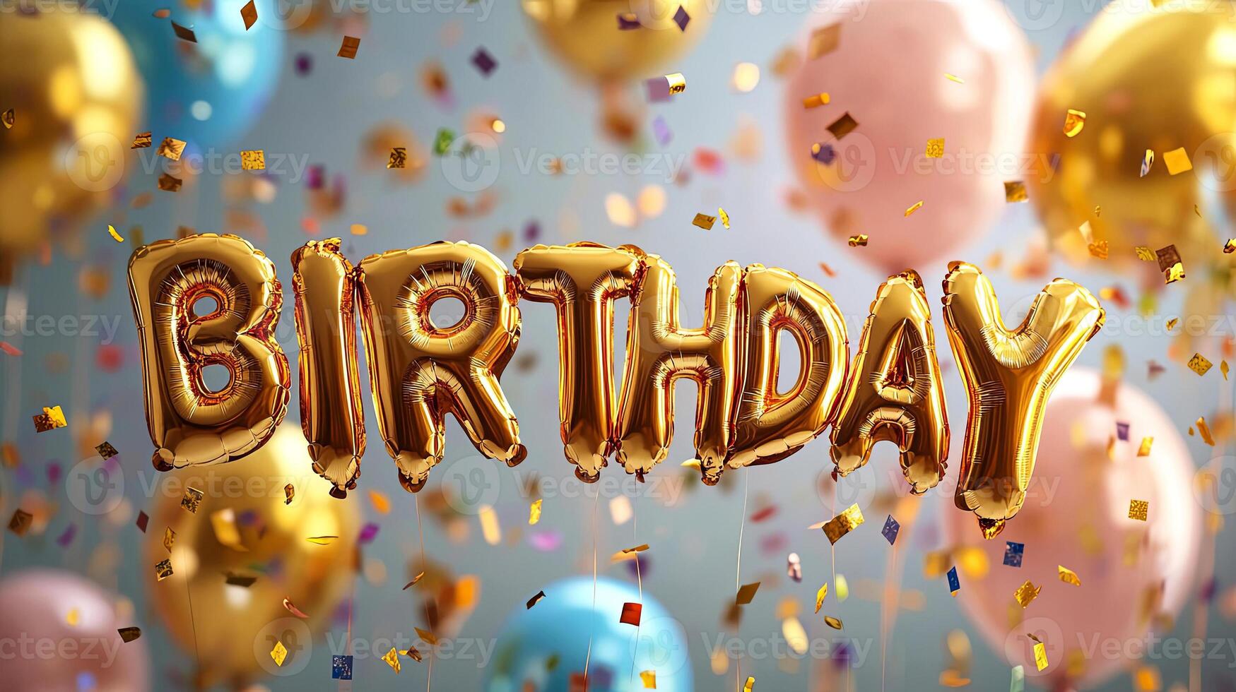 Golden balloon letters spelling birthday, surrounded by colorful balloons and confetti, creating a festive atmosphere for celebrations and joyful occasions photo