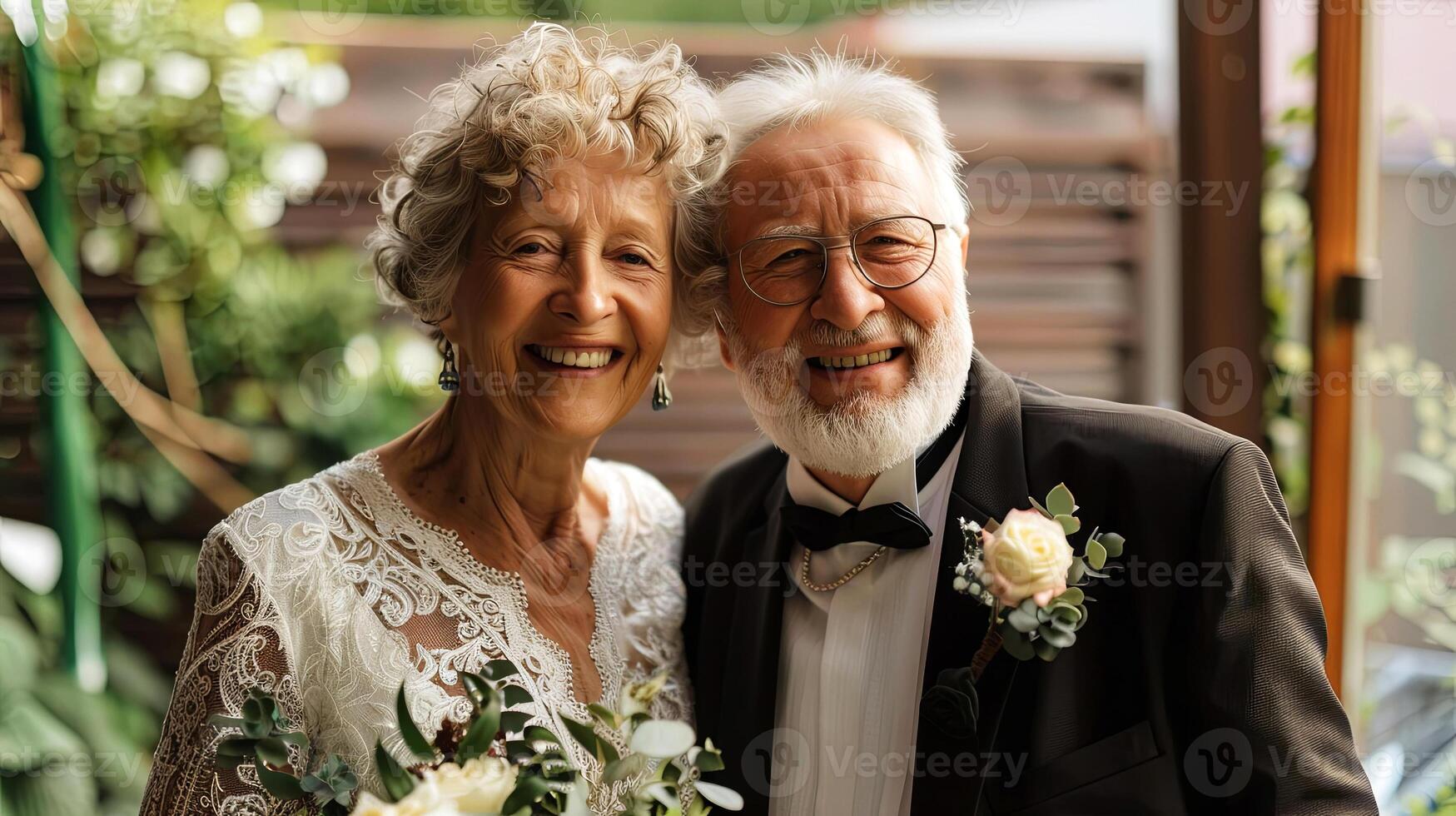 Elderly couple smiling joyfully at a wedding celebration, surrounded by greenery and floral decorations, capturing the essence of love and companionship in a beautiful setting photo