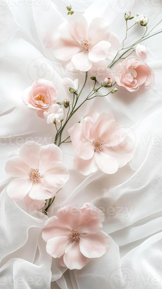 Delicate pink flowers arranged elegantly on soft white fabric, showcasing natural beauty and texture, perfect for floral design and aesthetic inspiration in various creative projects photo