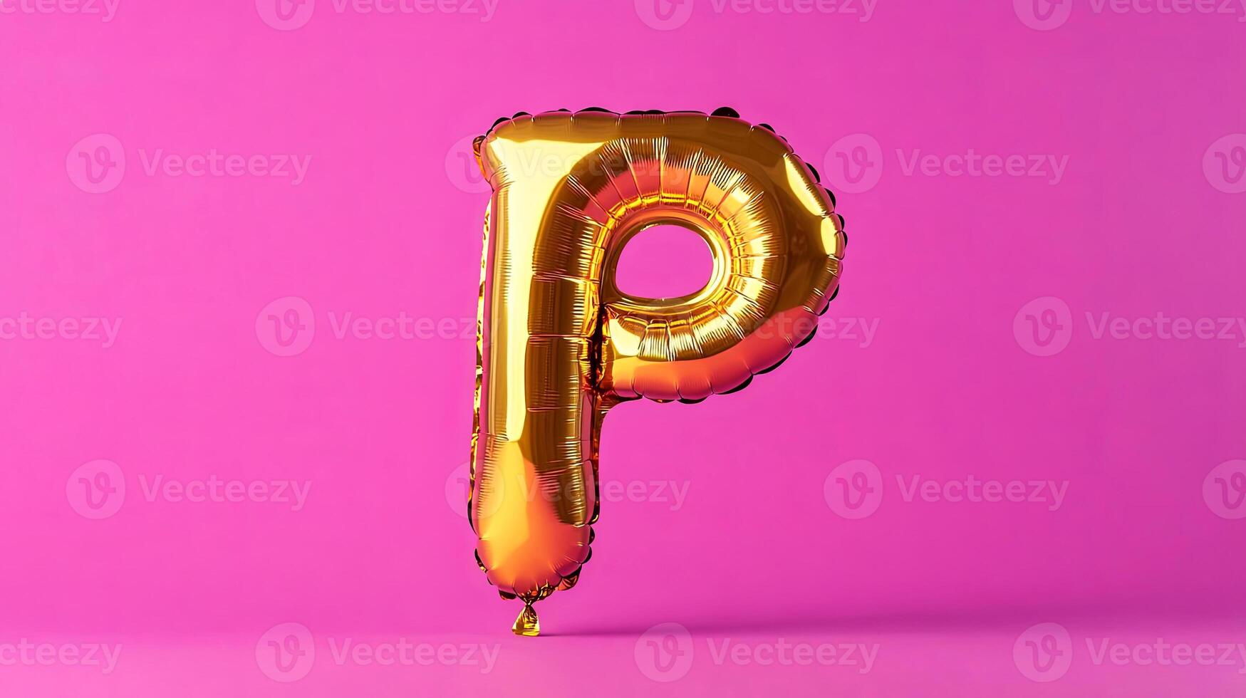 Golden balloon letter P floating against a vibrant pink background, showcasing a playful and festive atmosphere, ideal for celebrations and creative designs photo