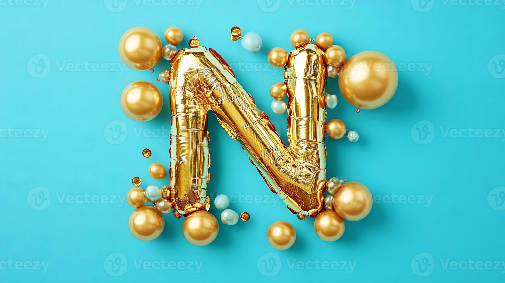 Golden letter N balloon surrounded by colorful spheres on a vibrant blue background, creating a festive atmosphere for celebrations and special occasions photo