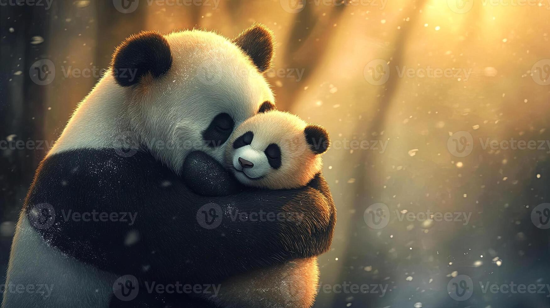 Two adorable pandas, a parent and its cub, are embracing each other in a serene forest setting, surrounded by soft snowfall and warm golden light, showcasing their bond and affection photo